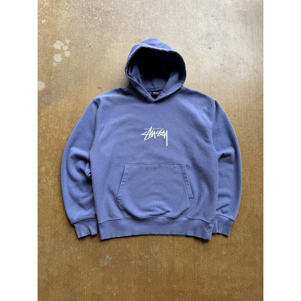 Stussy Faded Blue Embroidered Logo Skater Hoodie Surfer Y2K Skater Streetwear (L